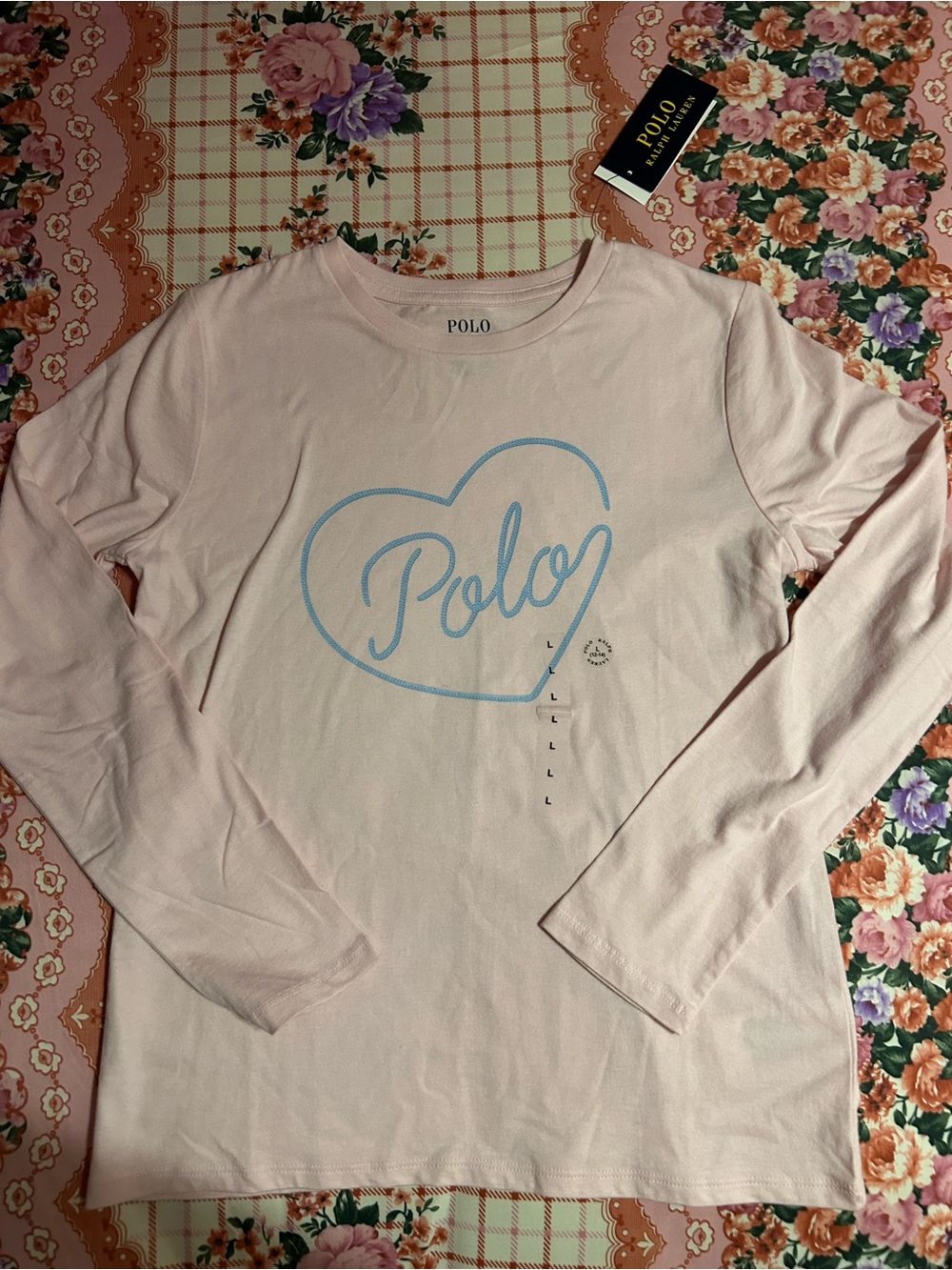 NWT Large Girls Polo Ralph Lauren Pink Long Sleeve T-Shirt love heart polo